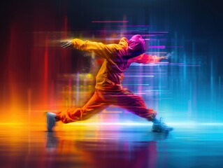 A man in a colorful outfit is dancing in front of a colorful background. The image has a vibrant and energetic mood, with the man's movements