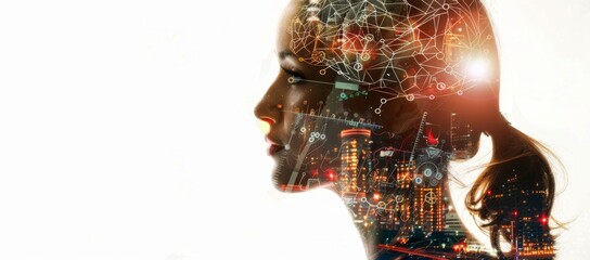 DESIGN OF AN AI, MACHINE, DIGITAL, SCIFI, ROBOT, CYBORG CONCEPT OVER GRADIENT, COPIED BACKGROUND AND COPIES