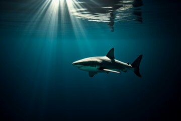 Fototapeta premium Shark Swimming Underwater in Deep Blue Ocean. Generative AI