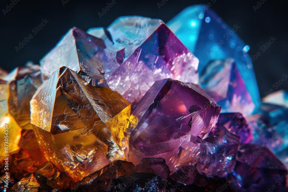 Poster colorful macro crystals are sparkling in the light, creating a beautiful and mesmerizing background