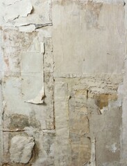 An unprimed canvas with pieces of script and collaged aged papers painted in muted light beige and ivory colors. Delicate minimalistic watercolors and thin black line sketches