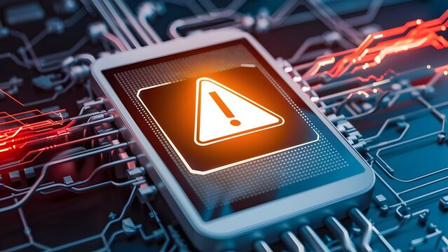 Illustration of a mobile device with alert message for notification of risk caused by threatening connections with the global web network. Concept of hacking, data theft, privacy protection.