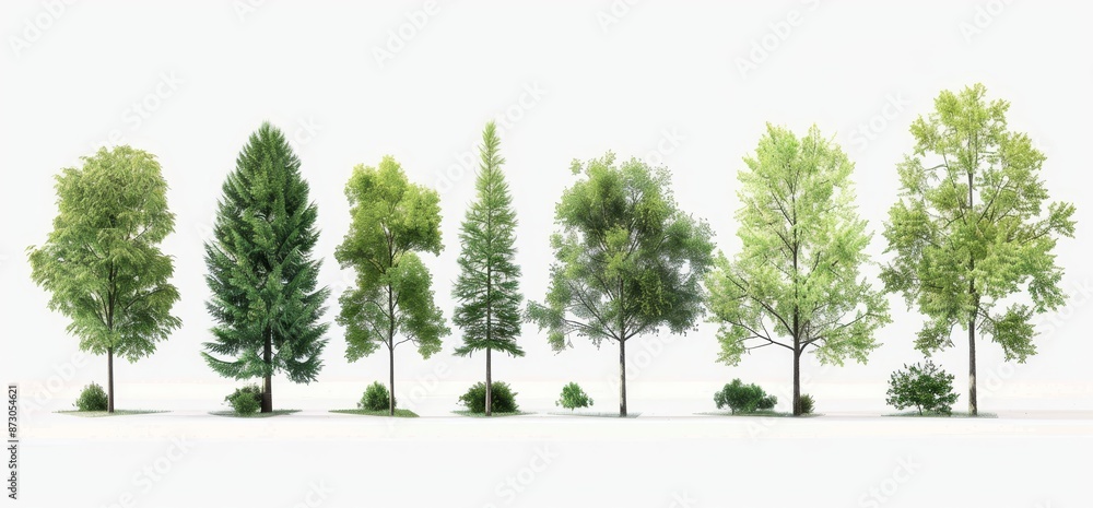 Poster collection 3d rendering of deciduous trees with white backgrounds.