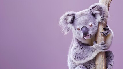 Obraz premium Koala Bear on a Branch Against a Purple Background.
