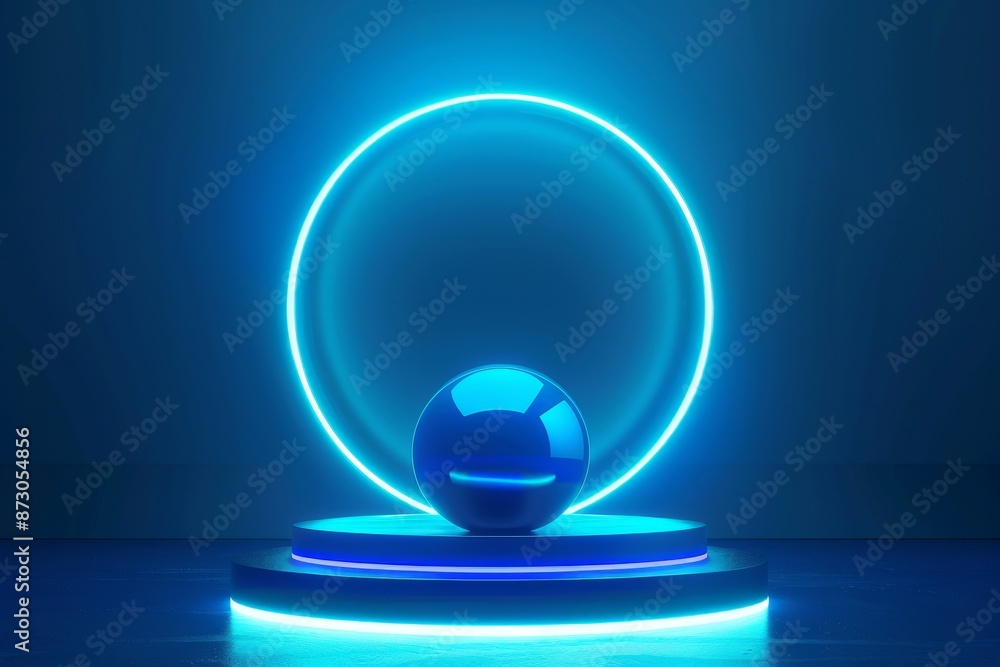Aufkleber this 3d image shows an empty podium with neon light and glowing lines in the background.