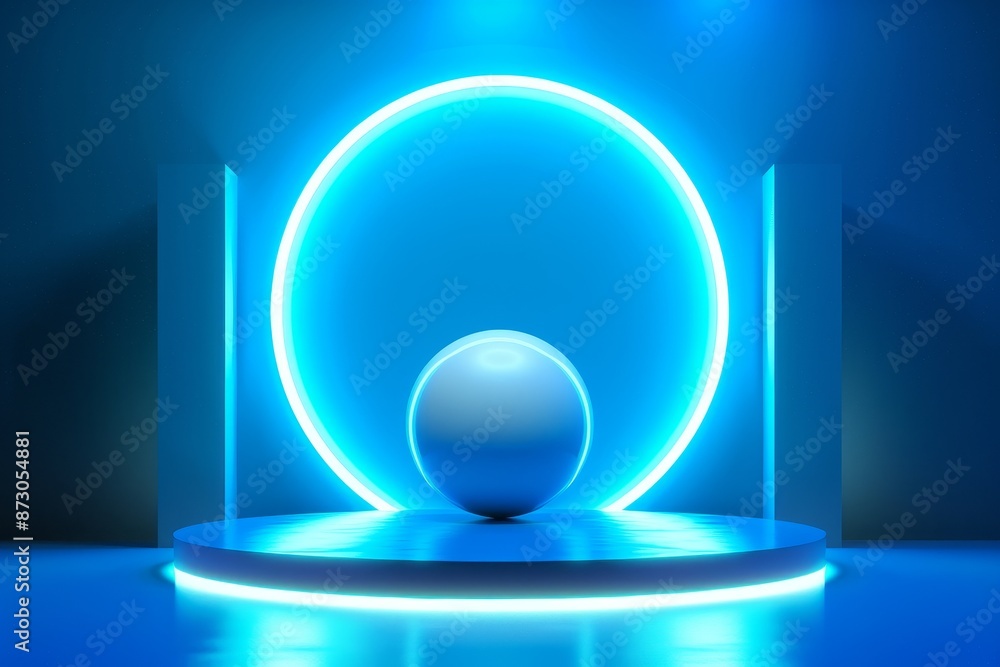 Poster the background has glowing lines in the background and an empty podium with neon lights.