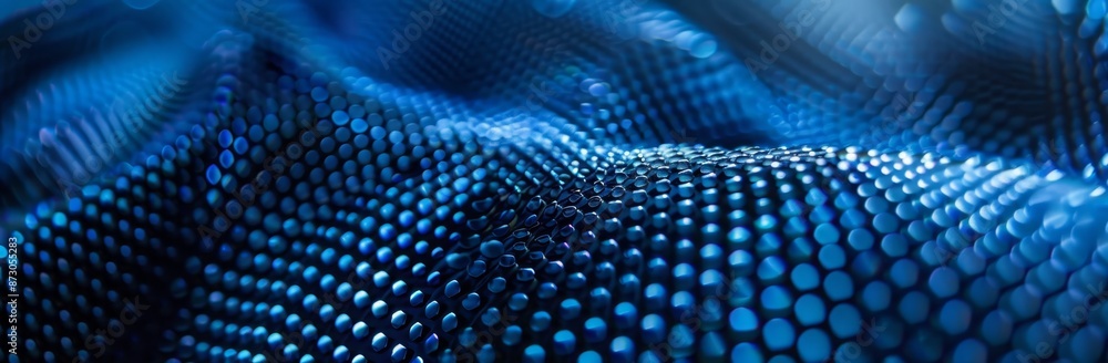 Poster an abstract wave-like pattern with dots on a dark blue background.