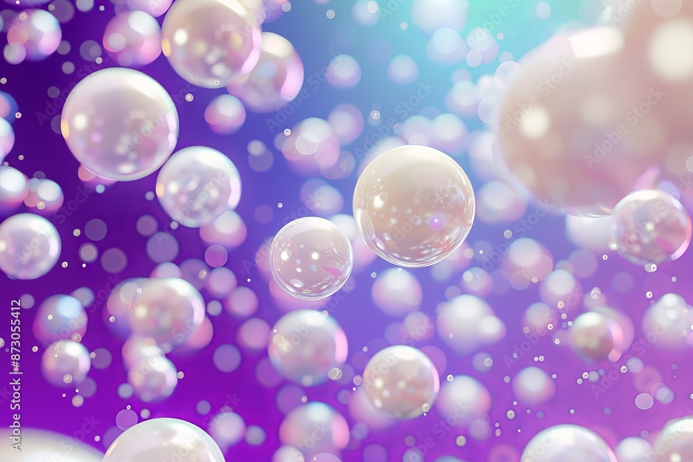 Poster in 3d rendering, floating spheres are placed on a blurred background with a colorful background.