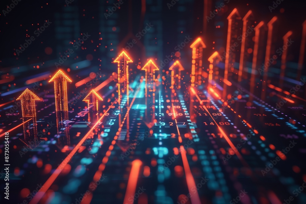 Poster angular neon arrows with glowing nodes in an upward direction against a dotted digital background.