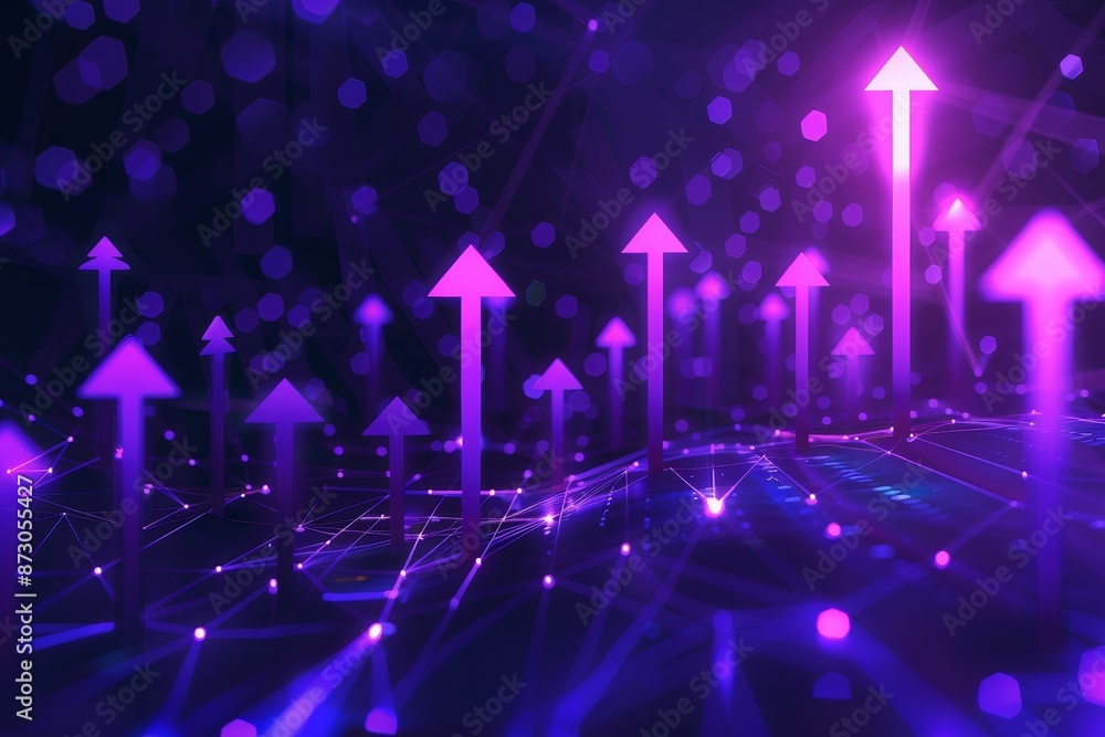 Poster three-dimensional rendering of arrows pointing upwards over a futuristic landscape with dots and lin