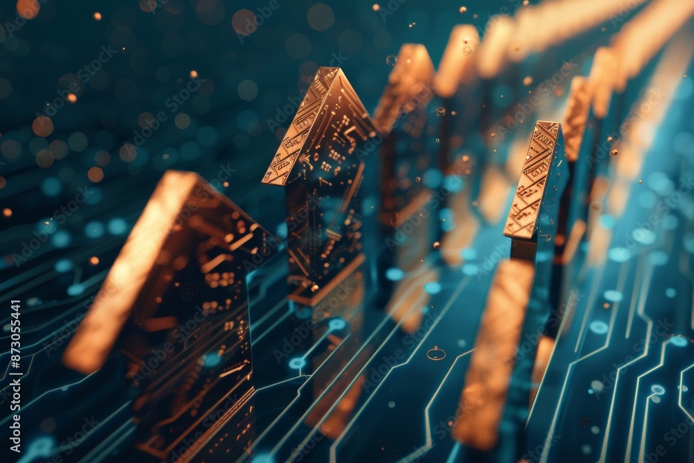 Poster three-dimensional rendering of golden arrows pointing upwards against a digital network background
