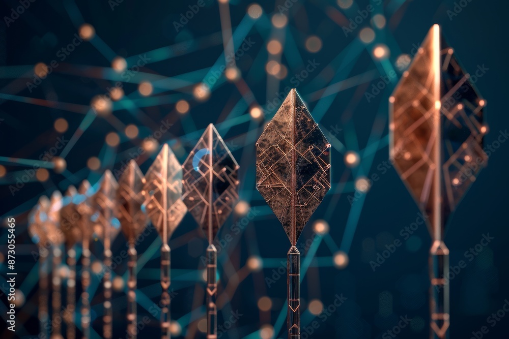 Poster a digital network background with gold arrows pointing upwards. 3d rendering.