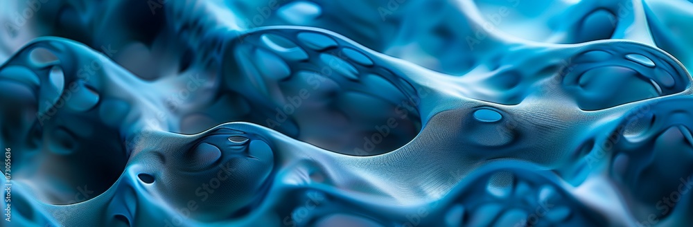 Poster blue wave pattern with glowing dots creating a futuristic digital landscape. 3d rendering