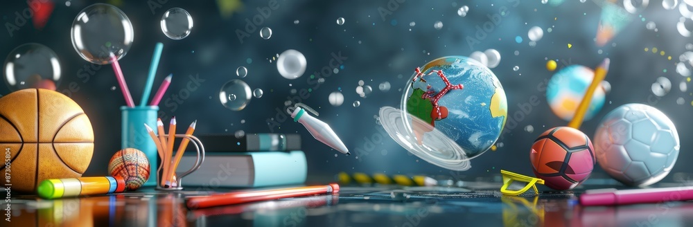 Poster school is back in session. glass globe with various educational objects. 3d rendering.