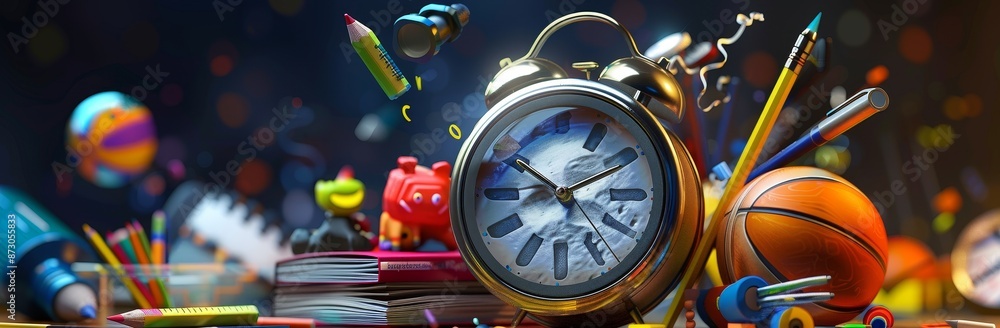 Poster the illustration features various educational items around an alarm clock. this is a three dimension