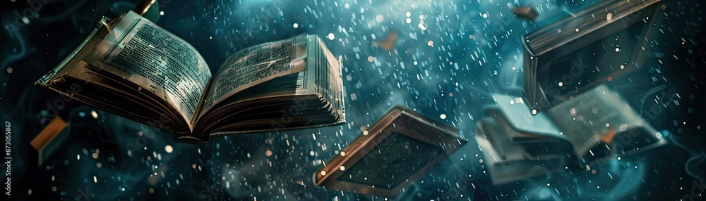 Poster magical floating books in a mystical space-like environment, capturing the essence of fantasy and wo