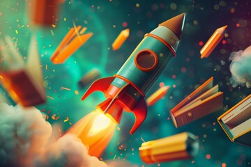 Back to school. A pencil rocket takes off against a colorful background.