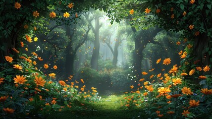 Enchanting forest with a captivating pathway, adorned with vibrant orange flowers, bathed in gentle sunlight through a green canopy.