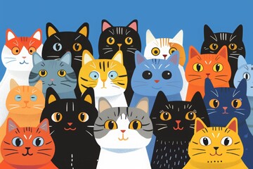 illustration of cats with the text "International Cat Day" on a blue background with bright colors and simple lines. Catsl have different fur patterns and poses, showcasing their individuality.