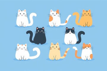 illustration of cats with the text "International Cat Day" on a blue background with bright colors and simple lines. Catsl have different fur patterns and poses, showcasing their individuality.