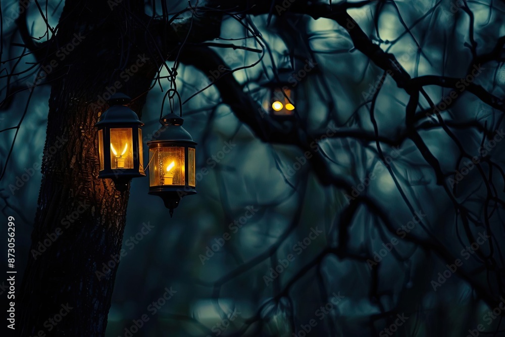 Aufkleber Mysterious forest scene with glowing lanterns hanging from tree branches at dusk, creating an eerie yet enchanting atmosphere.