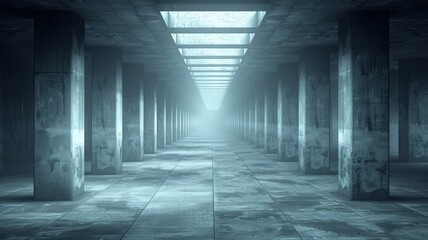 Mysterious and eerie corridor with concrete pillars and a glowing light at the end, creating an atmospheric and haunting architectural scene.