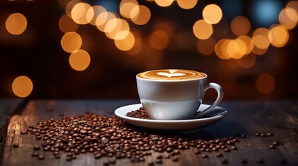 Obraz premium Coffee Cup with Heart Design and Coffee Beans on a Wooden Table