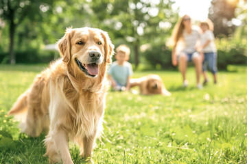 Golden retriever dog in the foreground, on the lawn playing with the family