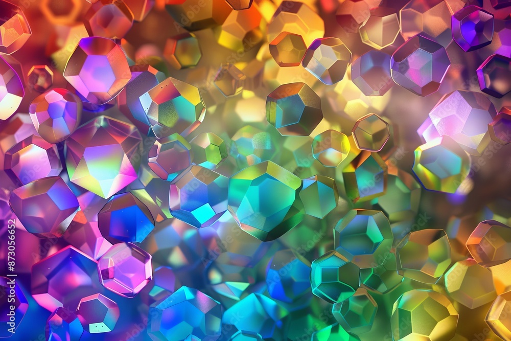 Poster A 3D rendering of transparent hexagonal crystals made of glass with multicolored hexagons.
