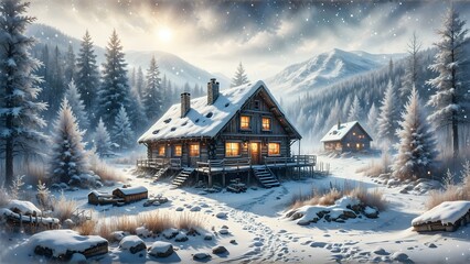 Fototapeta premium Watercolor Illustration of winter landscape in the mountains