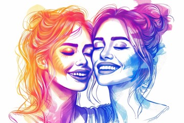 Lively illustration of two women laughing together, colorful and cheerful, friendship and happiness, digital art