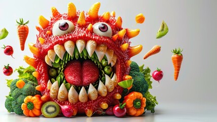 Creative fruit and vegetable monster art, featuring a colorful and playful design, perfect for Halloween or fun events.