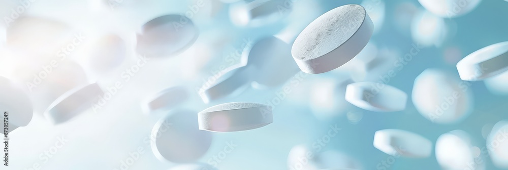 Poster bright image of white tablets floating against a light background with soft lighting. pharmaceutical