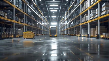 Large Warehouse Interior with Illuminated Shelves