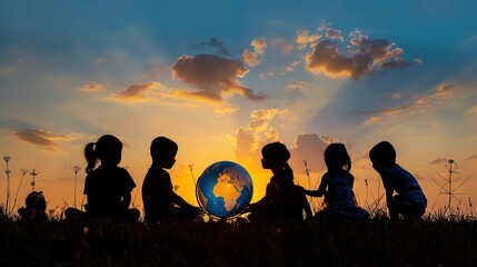 Enlightened young minds: Silhouette of children sitting around a globe, exploring global knowledge with copy space background for text.