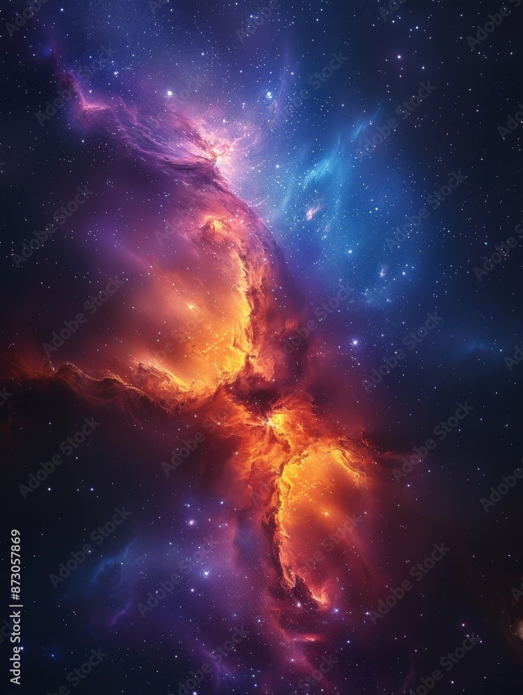 Wall mural A vibrant cosmic scene with swirling hues of blue and orange nebula amidst a starry backdrop, depicting the beauty of outer space.