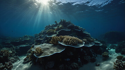 Obraz premium Sunlight shining ,the surface and under the blue ocean, sea wave , with clean waters in summer time
