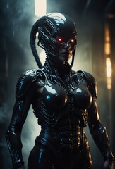 Fototapeta premium Futuristic Female robot in black armor