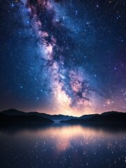Fototapeta premium A serene night sky with the Milky Way galaxy stretching above a tranquil lake, reflecting stars and silhouetted mountains.