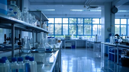 Fototapeta premium a lab with a lot of bottles of liquid on the counter