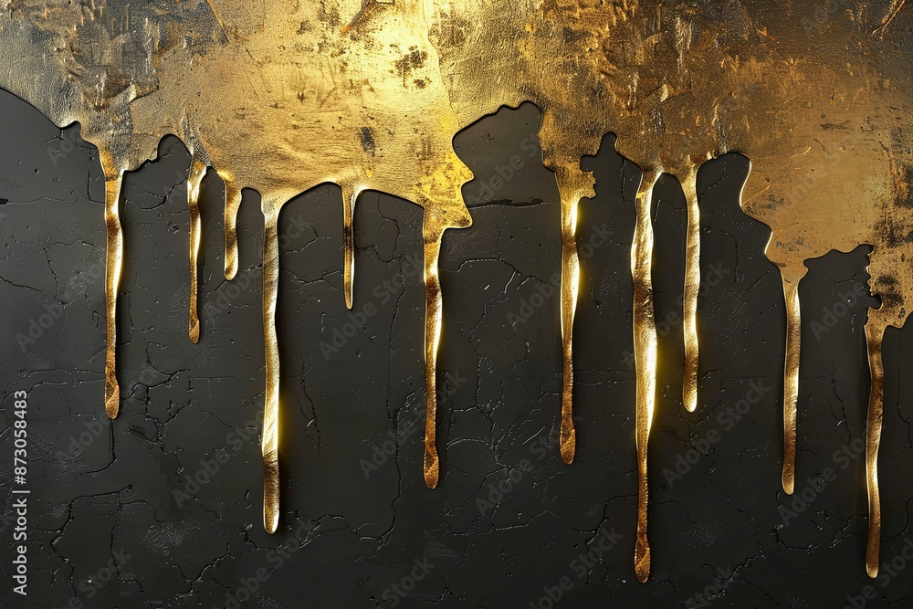 Poster golden paint drips down a black textured surface, creating an abstract pattern. generative ai