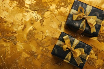 Festively wrapped golden gift boxes on black background. Flat lay style. Holiday and black friday concept.
