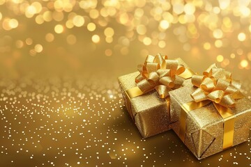 Festively wrapped golden gift boxes on black background. Flat lay style. Holiday and black friday concept.