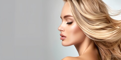 Naklejka premium A woman with long blonde hair is shown with a very clean and well-groomed appearance