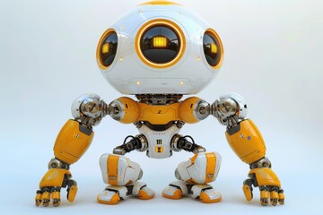 Futuristic yellow and white robot with large spherical head, isolated on a white background. Advanced technology and modern design.