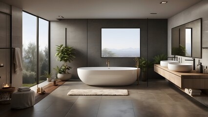 Modern minimalist bathroom interior design, dark color theme home decor washroom bathtub and cabinet interior design
