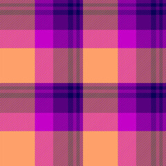 Grungy pattern check tartan, pure background textile vector. Buffalo seamless plaid texture fabric in purple and orange colors.