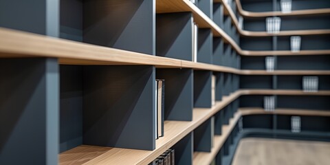 Fototapeta premium A library with shelves full of books. The shelves are made of wood and are very tall. The books are organized by size and color