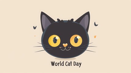 World Cat Day flat vector illustration isolated on a pastel background, web banner design template for a website and mobile phone. cute black cartoon fat-faced kitten character