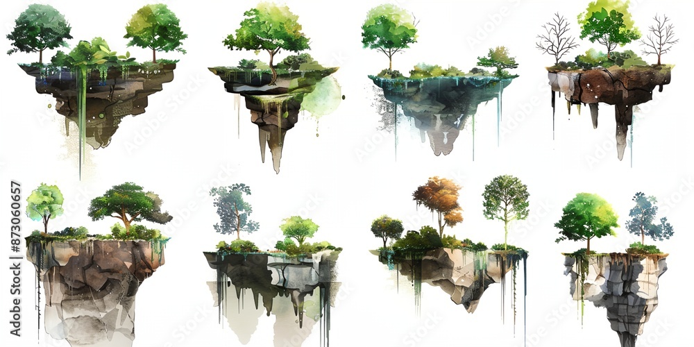 Poster a series of images of trees and waterfalls floating in the air. the mood of the images is serene and